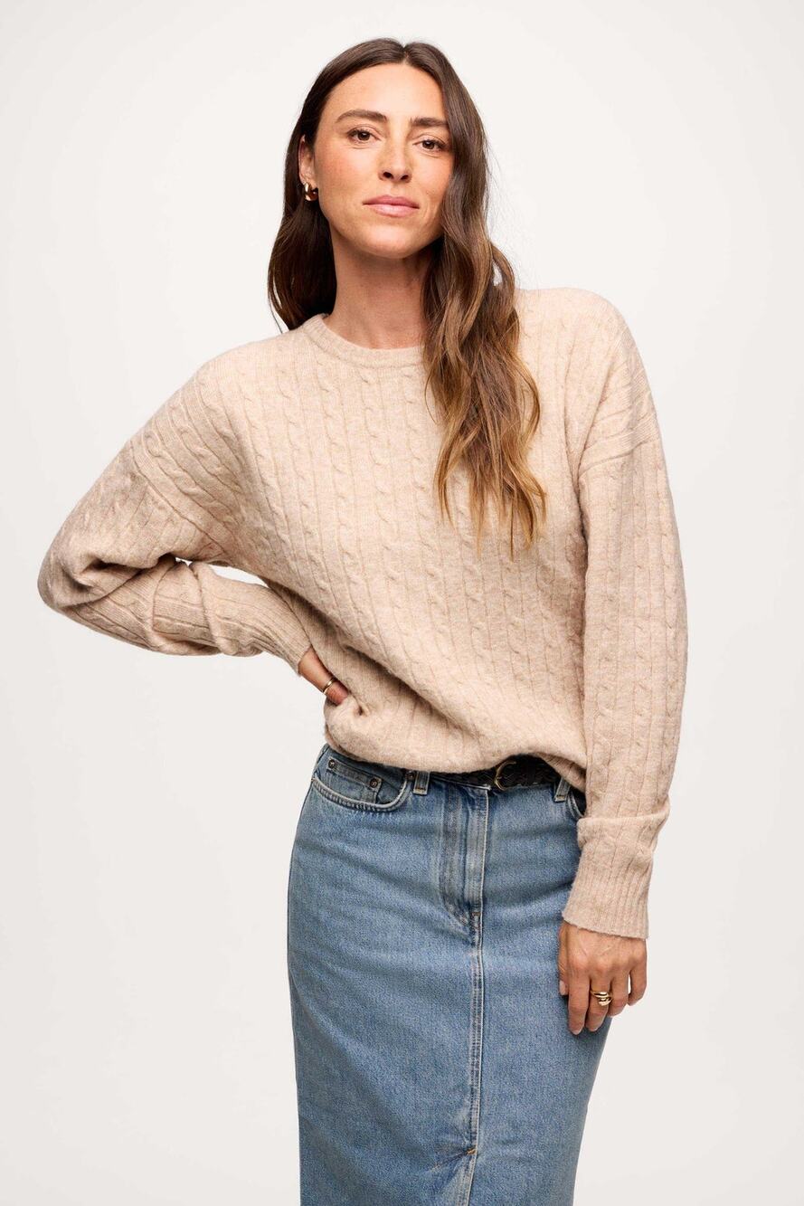 Nuuds Cable Crewneck Sweater Wool Yak Knit Neutral Cozy Winter Oat Tan Size M